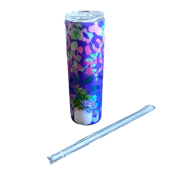 30 Oz Skinny Stainless Steel Custom Made 'Succulent' Tumbler W/Straw - Picture 1 of 7